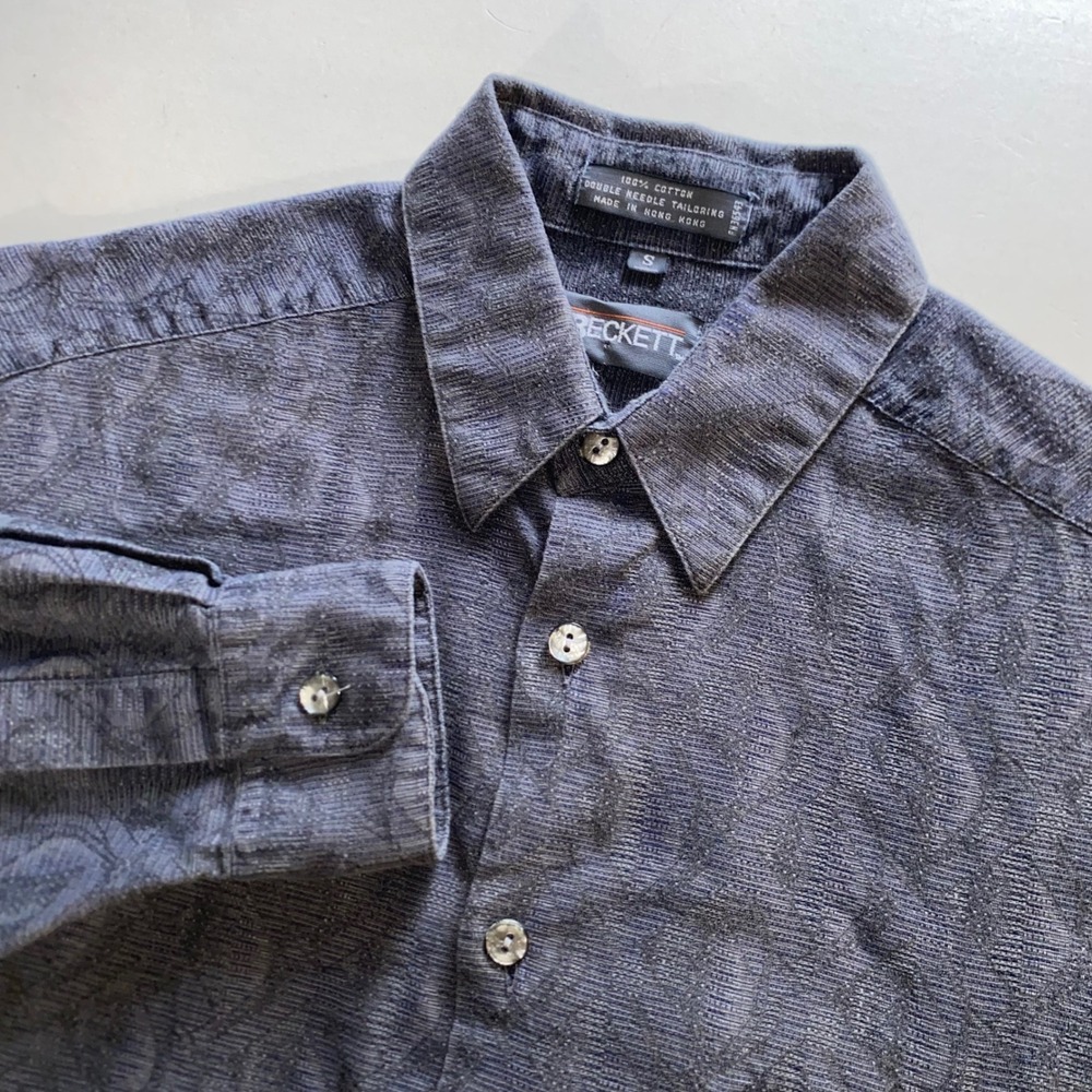 JT Beckett Mens Small Corduroy Paisley Button Down Shirt Navy Blue Long Sleeve